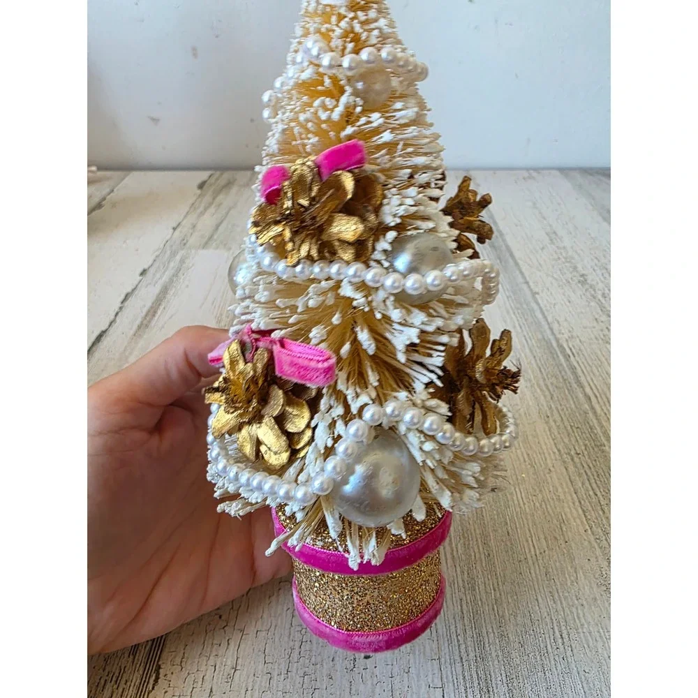 Antique pinecone gold mini bottle brush tree felt beaded pearls Xmas decor